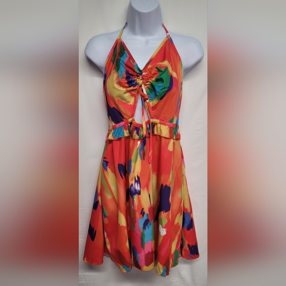 Shein Curve 0XL Bold Colorful Sundress Neck Tie Closure Smocked Back Drawstring